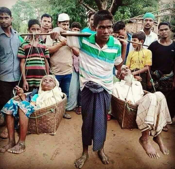 ShbtRohingya's tweet photo. Takut akan dibantai &amp; sulitnya perjalanan tak membuatnya lupa kewajiban: Pria Rohingya ini membawa ibu bapaknya mengungsi dg keranjangnya. https://t.co/N7Vacfc7Ow