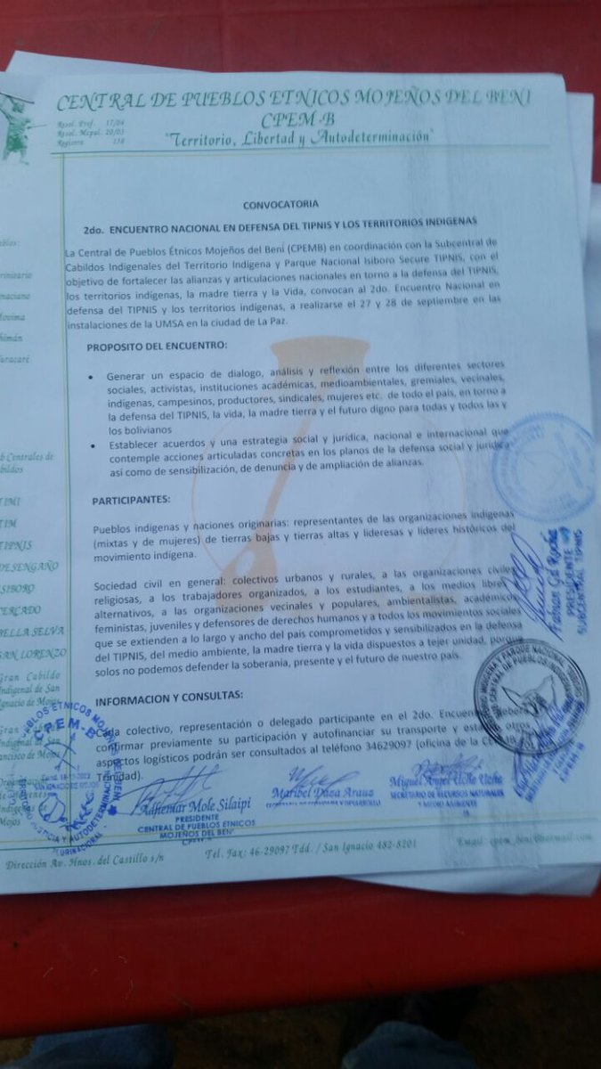 ValAsef's tweet photo. La #CPEMB convoca al 2do encuentro nacional para organizar la resistencia por el TIPNIS! @alfredozaconeta @OsCampanini @Georgina030160 #DDII https://t.co/dX9cJLHI3v