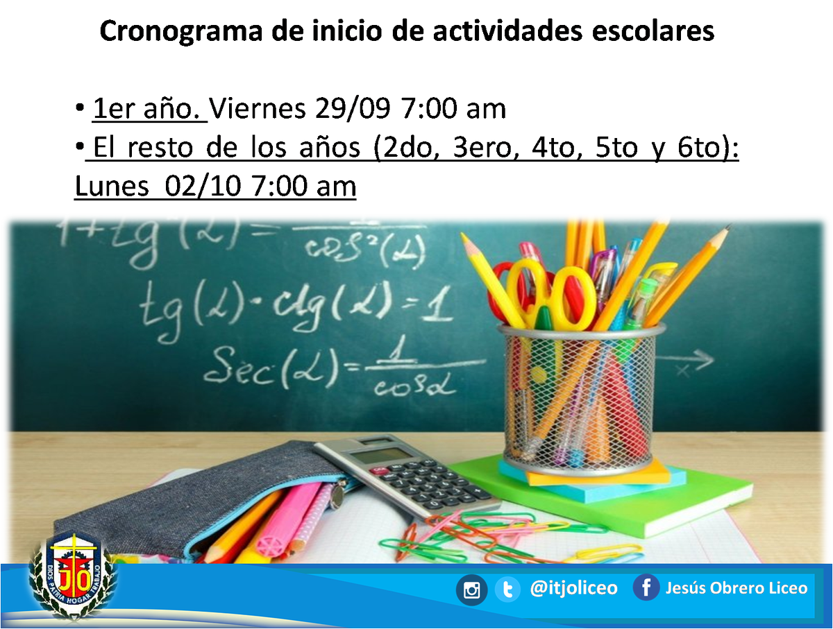 SomosITJO's tweet photo. Cronograma de inicio de actividades escolares: 1er año. Viernes 29/09 7:00 am;  El resto de los años: Lunes  02/10 7:00 am https://t.co/8mRnUxN2Gu