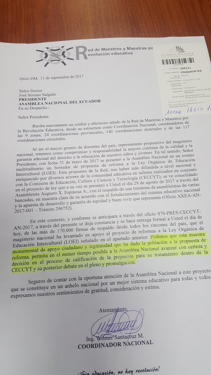 WilmerSantacru3's tweet photo. Dirigimos oficio a Presidente de la Asamblea @ppsesa solicitando sea tratado en el CAL proyecto de reforma LOEI. #ReformaLOEI https://t.co/vqwfFC8s5m