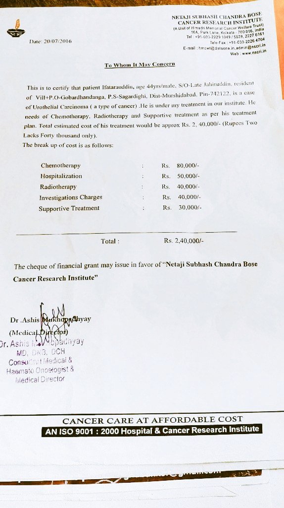 RiajuddinS's tweet photo. @drharshvardhan Sir kuch to madat kare Papa ki cancer chemotherapy ke liye AC 34517138689.IFSC CODE SBIN0001870. SBI https://t.co/3YQDU2Tsfl