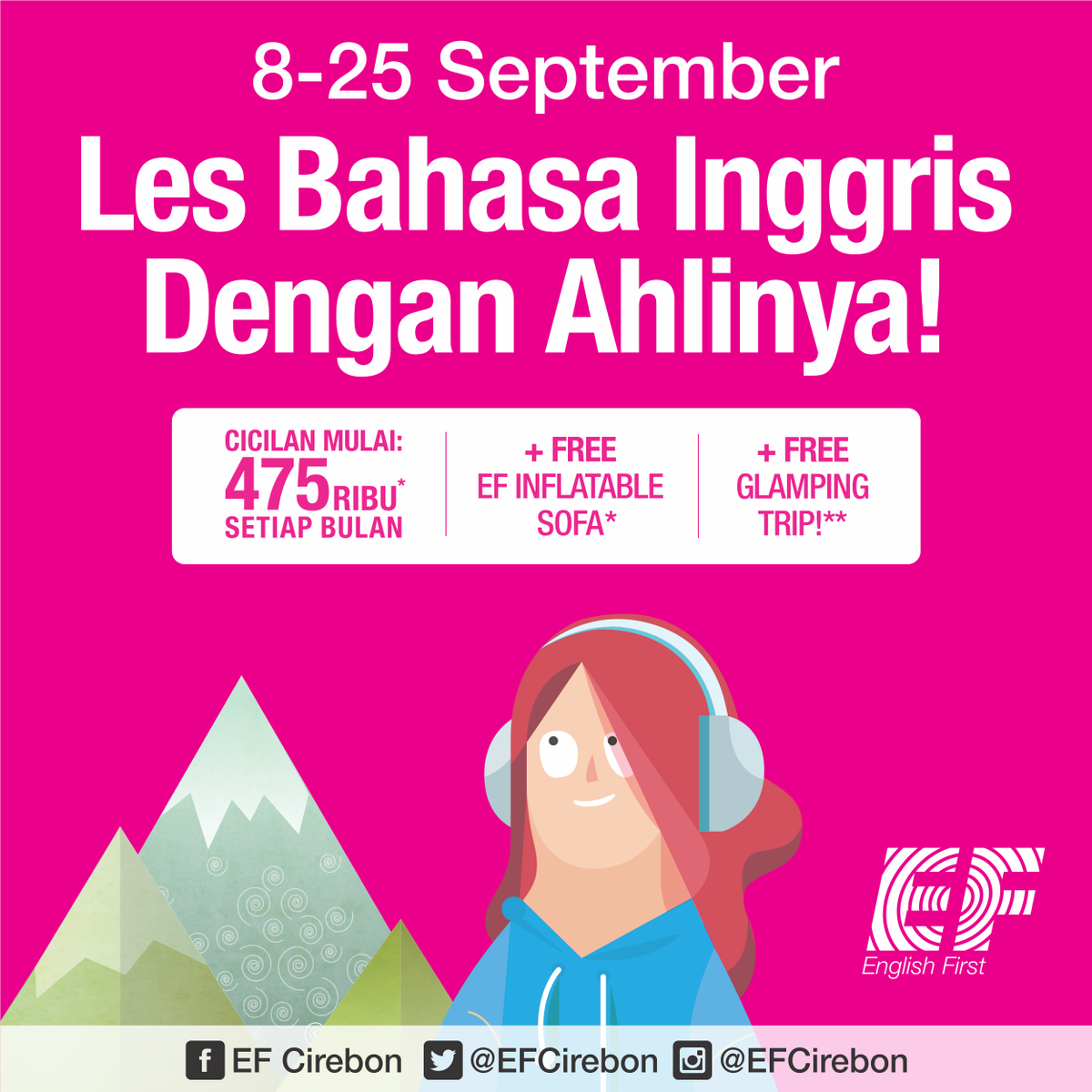 EFCirebon's tweet photo. #EFExtraFun17 Ini dia promo seru dari @EFCirebon. Cicilan Kursus Mulai 475 ribu/bulan + Free Inflatable Sofa* + Free Glamping Trip*
*SKB https://t.co/pFWJAMgvkQ