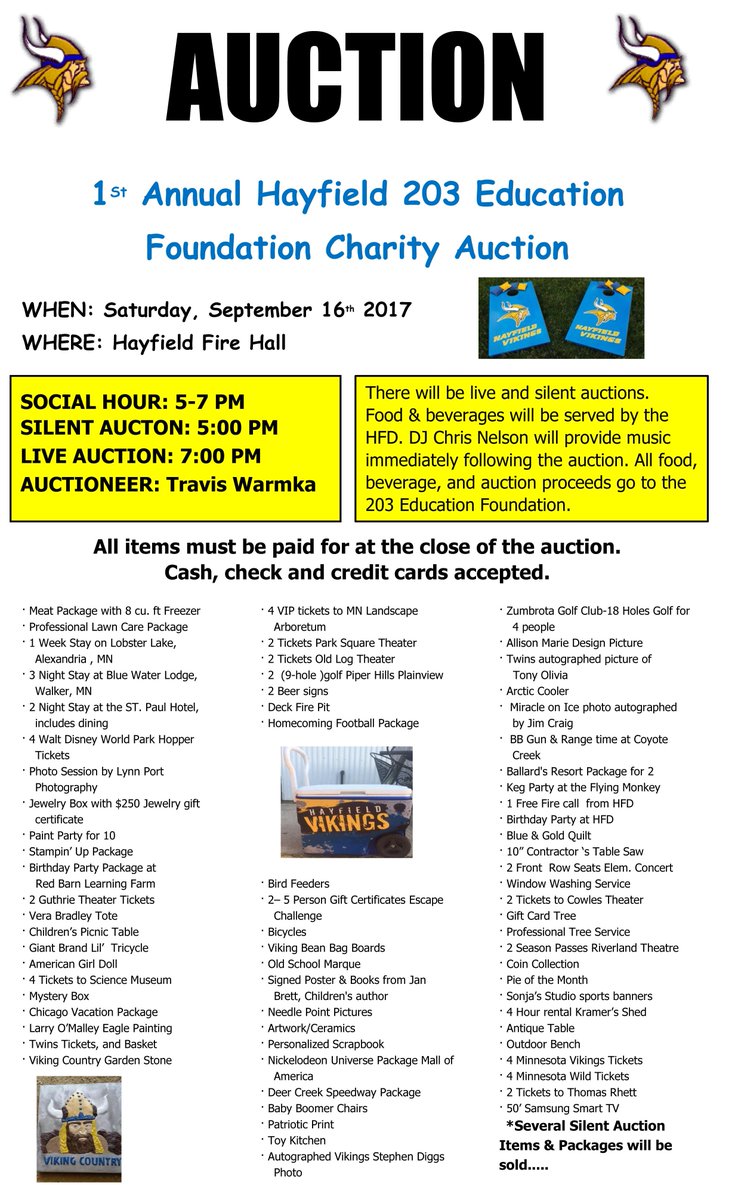 HayfieldSchools's tweet photo. The Hayfield 203 Foundation Auction is this week Saturday Night.  Proceeds of this auction directly benefit Hayfield Community Schools. https://t.co/9706RMPTNX