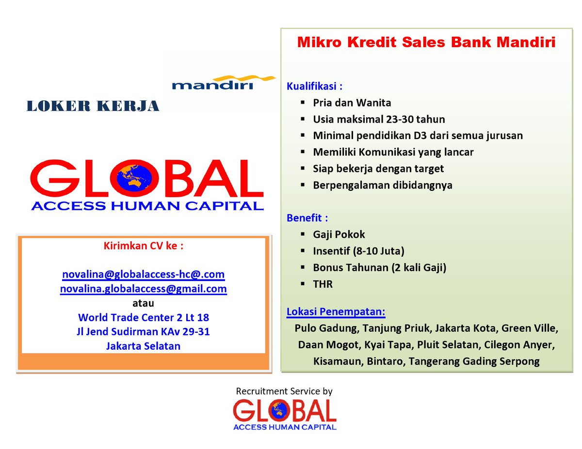 GlobalAccessHC's tweet photo. @kompaskarier , @kompascom loker kerja Mikro Kredit Sales Bank Mandiri - :) https://t.co/nIXGBHnHkg