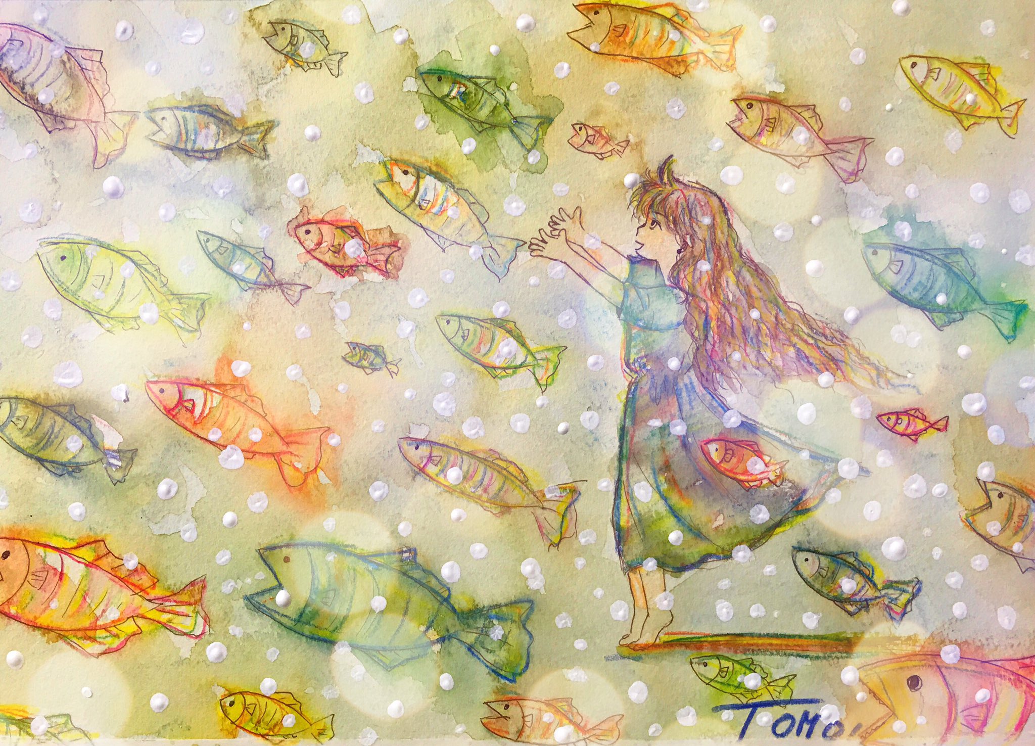 Tomocheeee I R 絵描きびと 海を飛ぶ魚 水彩色鉛筆 イラスト 海 魚 魚群 飛ぶ 少女 T Co 4ucposaubj Twitter