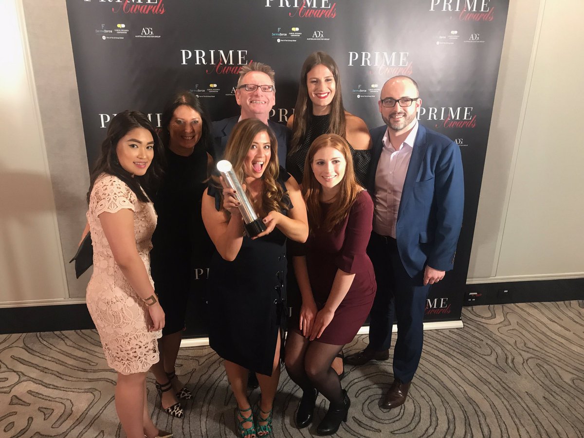 PalinComm's tweet image. Happy campers with a win at @prime_awards tonight for our work on #HayFeverHelp with @GSK_AU #blessed #prime2017