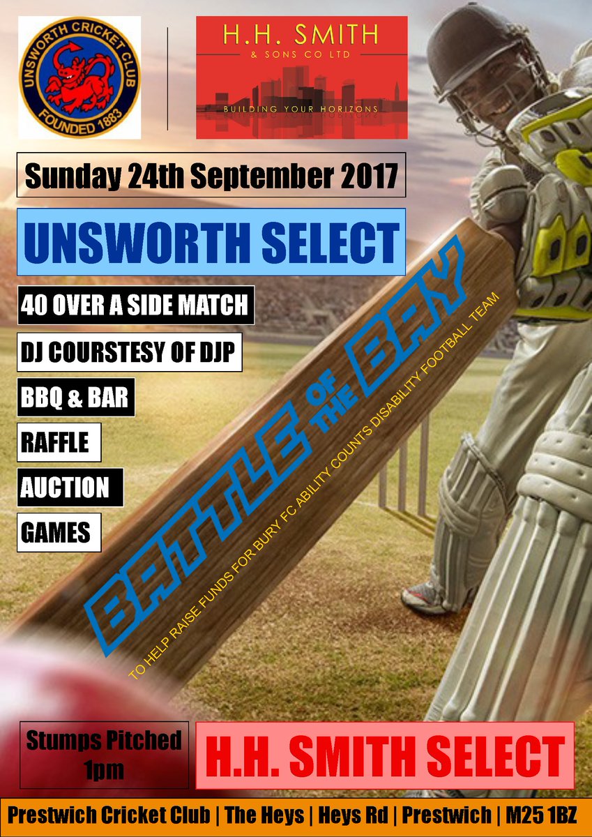 We will be hosting @Unsworth_CC's 'Battle of the Bay' fund raising cricket match on Sunday 24th September @hhsmithbuilders