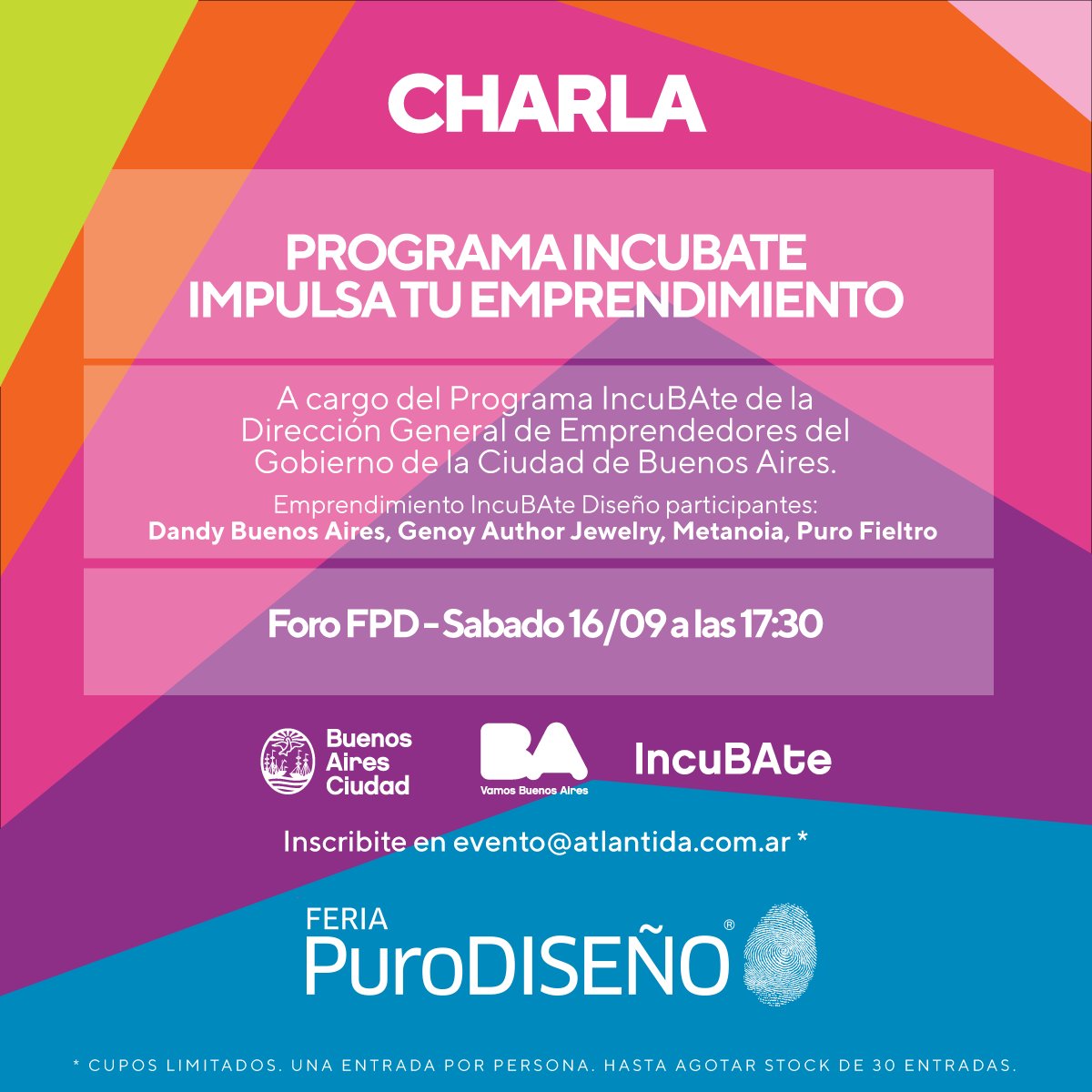 IncuBAte (@cmd_incuba) on Twitter photo Inscribite en evento@atlantida.com.ar y obtene una entrada a Feria Puro Diseño (hay cupo de 30 entradas) #PuroDiseño #IncuBAte ¡Presente! 👇 Inscribite en evento@atlantida.com.ar y obtene una entrada a Feria Puro Diseño (hay cupo de 30 entradas) #PuroDiseño #IncuBAte ¡Presente! 👇