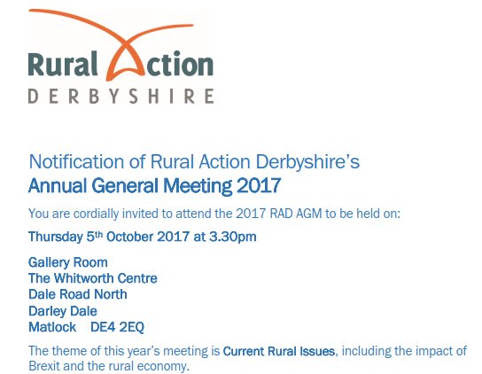 RAD AGM 3.30 Thurs 5 Oct at The Whitworth Ctr. Guest #speaker Alistair Sneddon from <a href="/Bagshawsest1871/">Bagshaws LLP</a>. For more info  ruralactionderbyshire.org.uk/agm.html