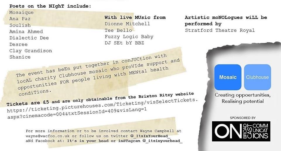 SOULISH are back at <a href="/UpstairsRitzy/">Upstairs At The Ritzy</a> tomorrow night performing at @_ItsInYourHead_ shining a light on mental health. <a href="/akalamusic/">Akala</a> is performing