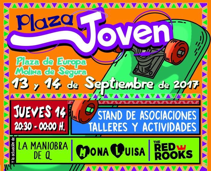 Esta noche nos vamos de concierto a la #PlazaJoven De Molina con <a href="/monaluisarock/">Mona Luisa</a>, <a href="/LaManiobradeQ/">La Maniobra de Q</a> y <a href="/TheRedRooks/">The Red Rooks</a>. Desde las 20:30h / GRATIS