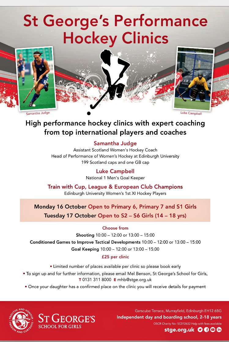 stgeorges_sport's tweet photo. Performance Hockey Clinics, Oct

💥High performance
💥Expert coaching
💥Train with @EUWHC 1st XI

Open to all 👭#Edinburgh

#teamstgs #YesSheCan https://t.co/Z061BwXV4w