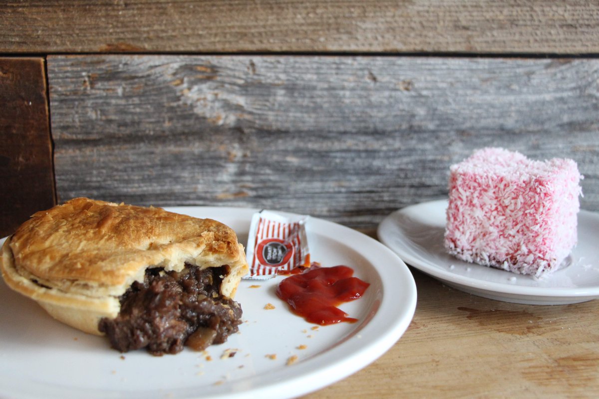 Now this is a classic kiwi lunch, Mince pie with tomato sauce and a lamington #kiwi #newzealand #northshorepieco #thursday #pies #lamington