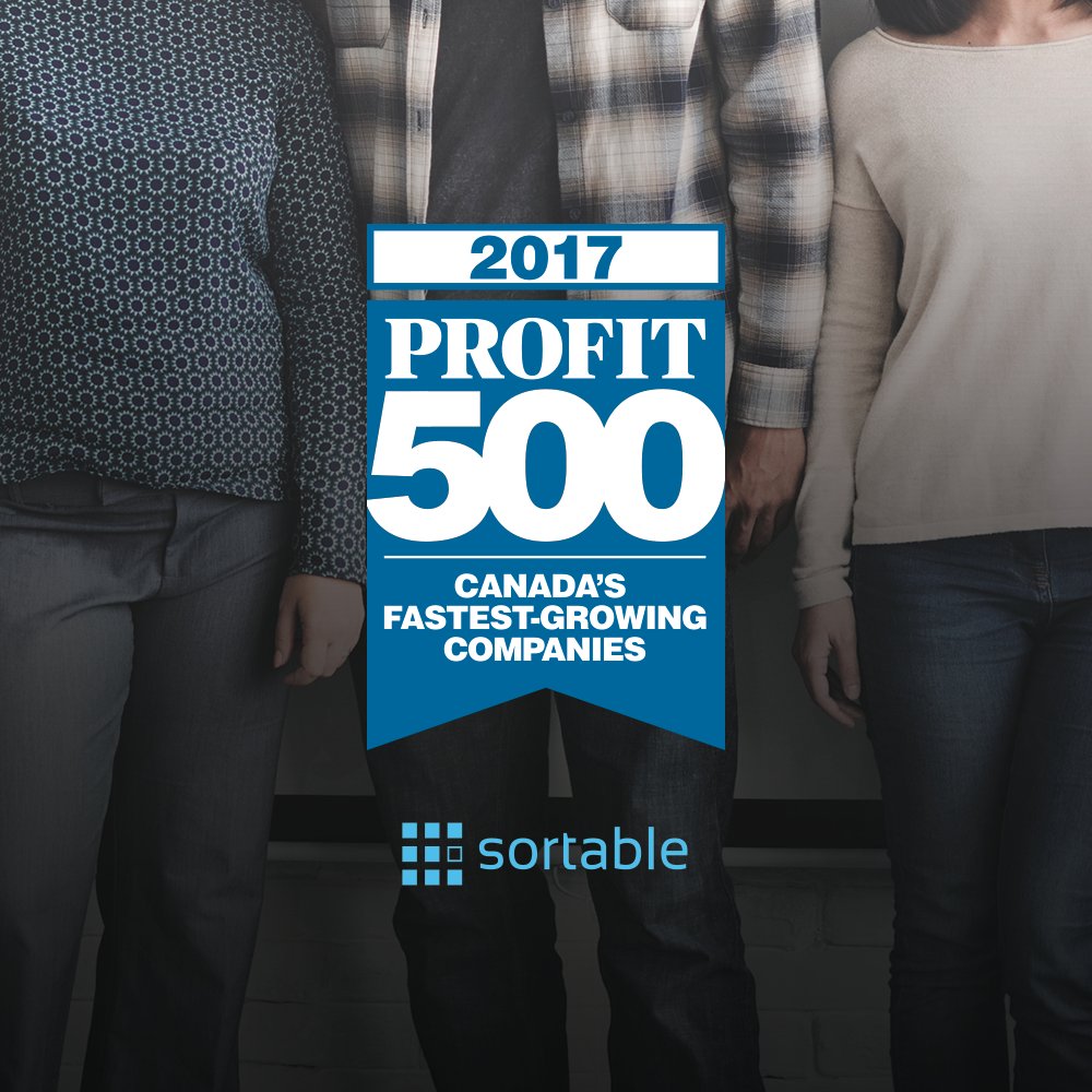Sortable's tweet image. Sortable ranked #12 on PROFIT 500 Fastest-Growing Companies hubs.ly/H08DM-h0 
#PROFIT500  #WRAwesome #CDNTech #KWAwesome