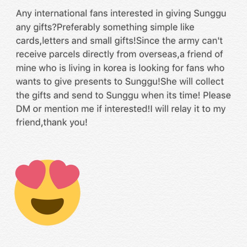cloudnine0122's tweet photo. Any international fans interested in giving Sunggu any gifts?something simple like cards,letters or small gifts! Please read my note below! https://t.co/fTAgeOzlNu