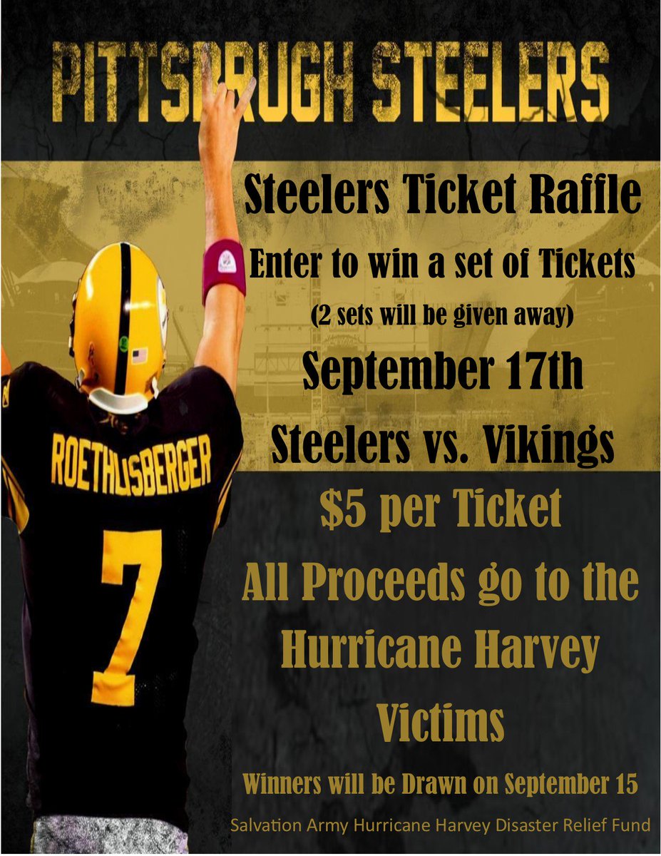 nplcranberry's tweet photo. Purchase your raffle tickets for Sunday's Steeler's Game Today!  Drawing is on Friday! All proceeds benefit Victims of Hurricane Harvey! https://t.co/eRPUXMUakf
