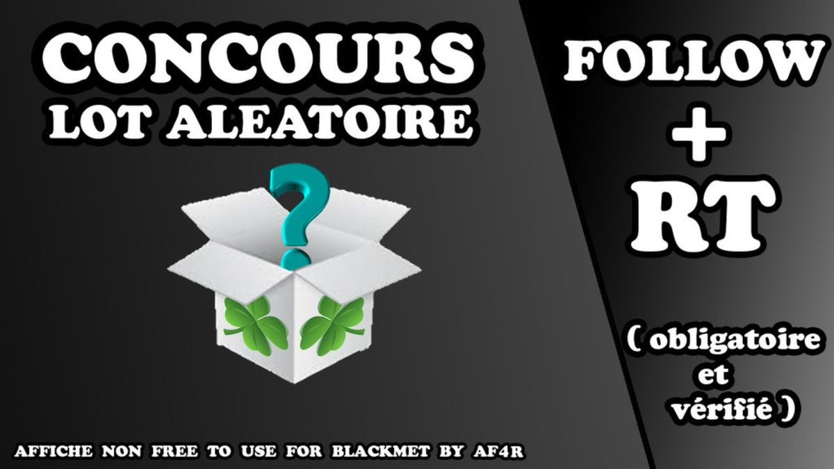 blackmet13's tweet photo. ⛔#CONCOUR⛔

#RT🔵+ #FOLLOW 🔴
  
@blackmet13
@AF4R_ 

🎁 GAGNE UN LOT ALÉATOIRE 🎁

🍀 T.A.S 🍀 00H✅ https://t.co/eFFp3wdc13