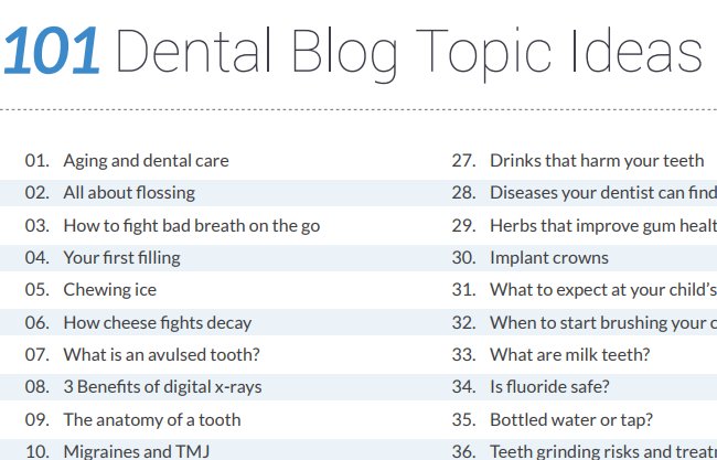 Smile Marketing on X: "Run out of blog topic ideas? Here are 101 #dental  topics to add to your blogging schedule: https://t.co/Lvh6jefDJe  https://t.co/a0bMe6pkuz" / X