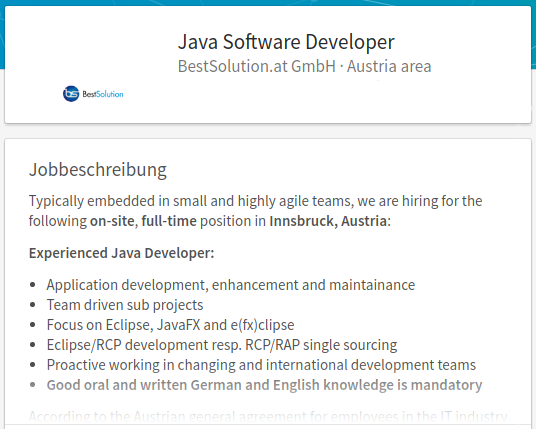 BestSolutionAT's tweet photo. Looking for a cool new workplace: we're hiring an experienced Java &amp; Java FX developer on site in Innsbruck, Austria
https://t.co/B9W4b6mVxn https://t.co/1oYX8LuPkm