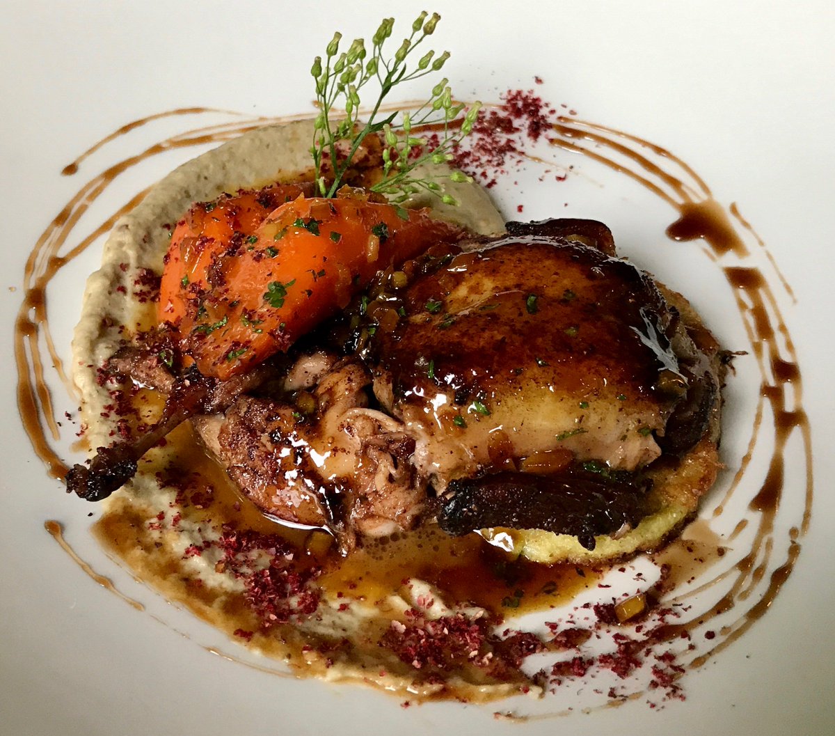 Stuffed Quail - Savory fresh figs, zucchini pancake, creamy eggplant w/ Kentucky sumac, carrots w/ preserved lemon & pomegranate molasses