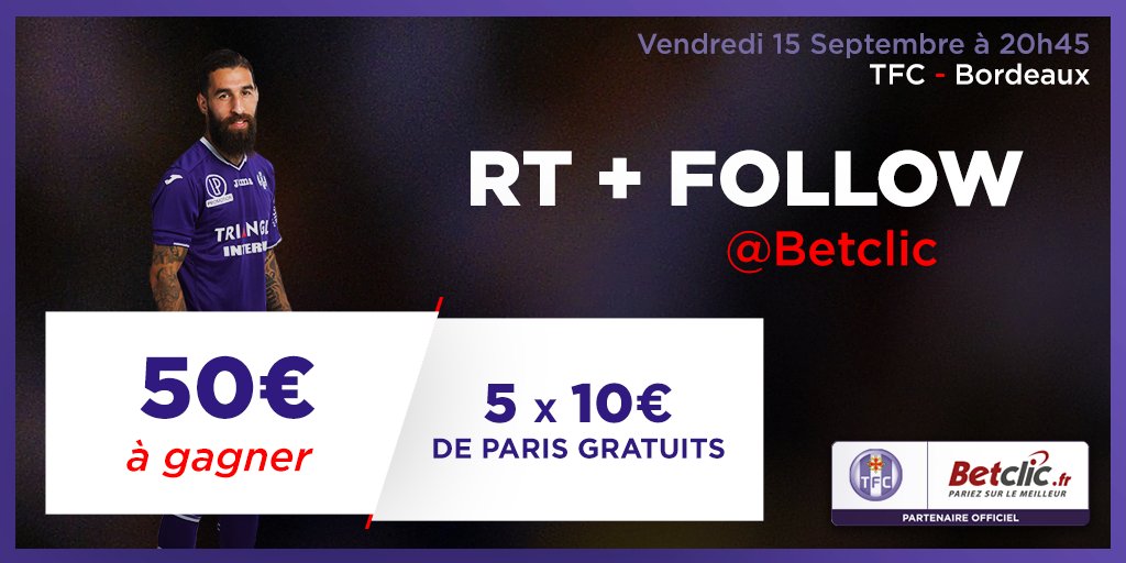 ToulouseFC's tweet image. Pour #TFCFCGB, on paye notre tournée avec @Betclic 😉
💶 10 x 5€ de paris gratuits à gagner !

RT + Follow @betclic pour participer 👍
