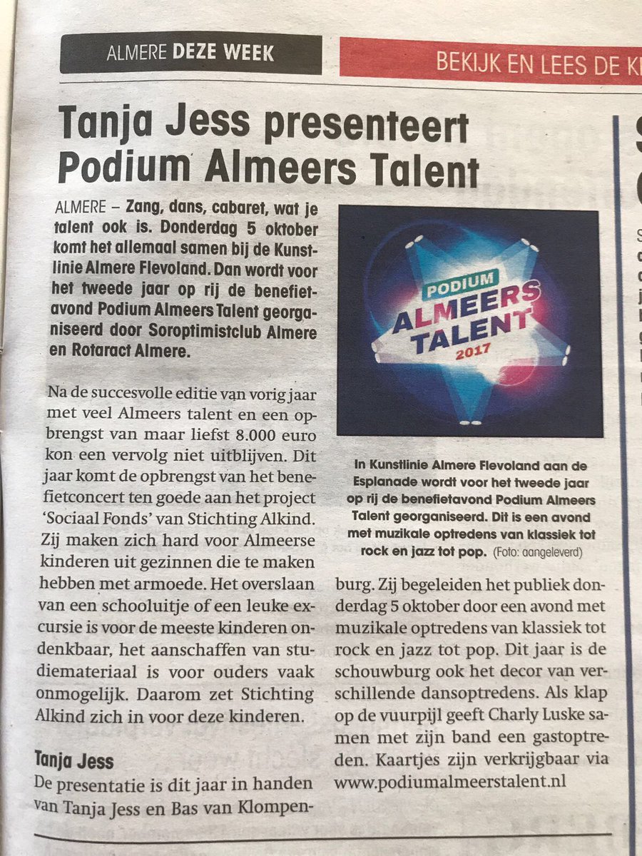5 okt 2017 in t #kaf #cultuur #almere #talent #zang #muziek #dans kom ook! Kaarten via KAF en leden <a href="/SorAlmere/">Soroptimist Almere</a>  en <a href="/rotaractalmere/">Rotaract Almere</a>  almere