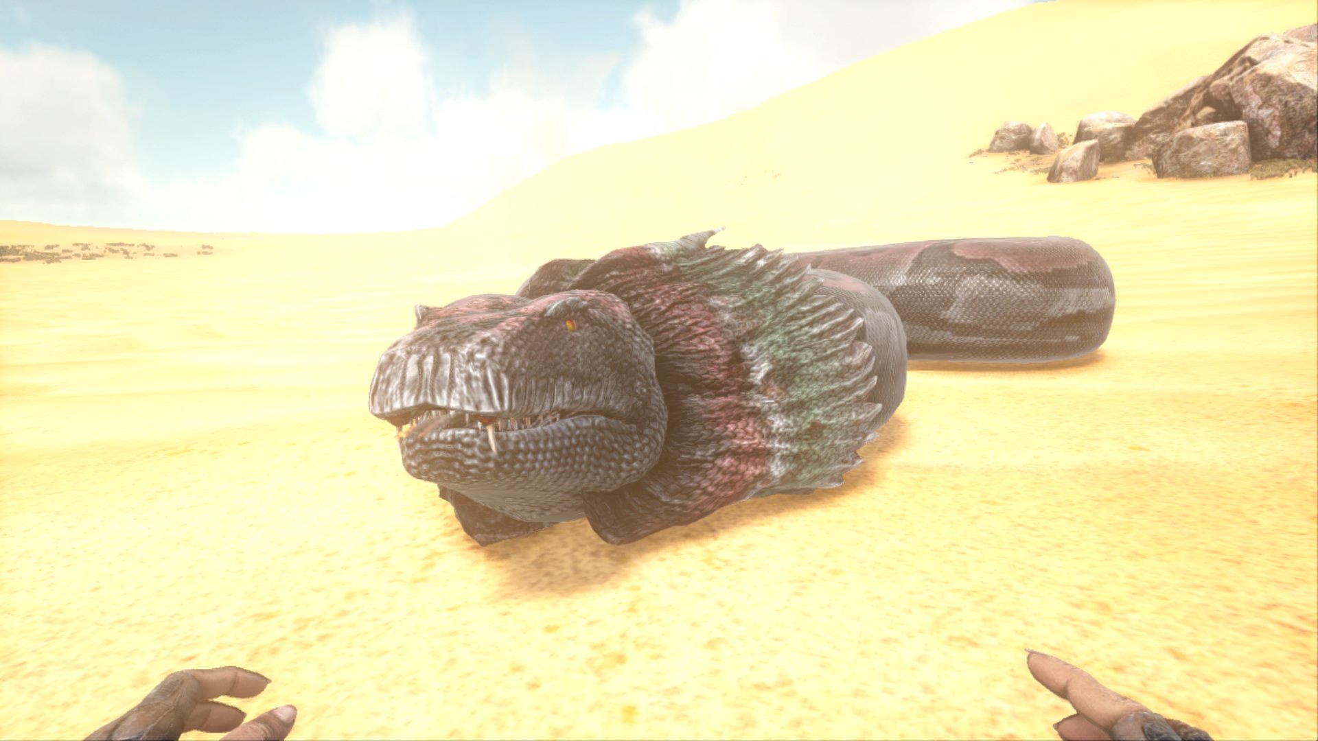 Ark生物紹介bot ティタノボア 沼地や洞窟などに棲む 攻撃に昏睡効果があり危険だが 独特の音のお陰で察知しやすく 足も遅い 最近になってテイム 可能になり 有精卵を拾って食べさせるという独特な手法 騎乗が