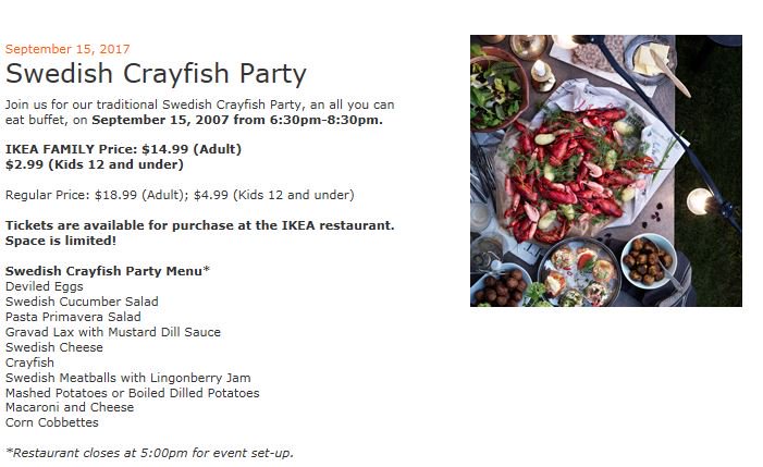 IKEA_Paramus's tweet photo. Join us for our annual All-u-can eat Crayfish Event Fri, Sept 15 from 6:30-8:30pm. IKEA FAMILY members Adult=$14.99; Kids (12&amp;under) $2.99 https://t.co/qdbwmi1a9m