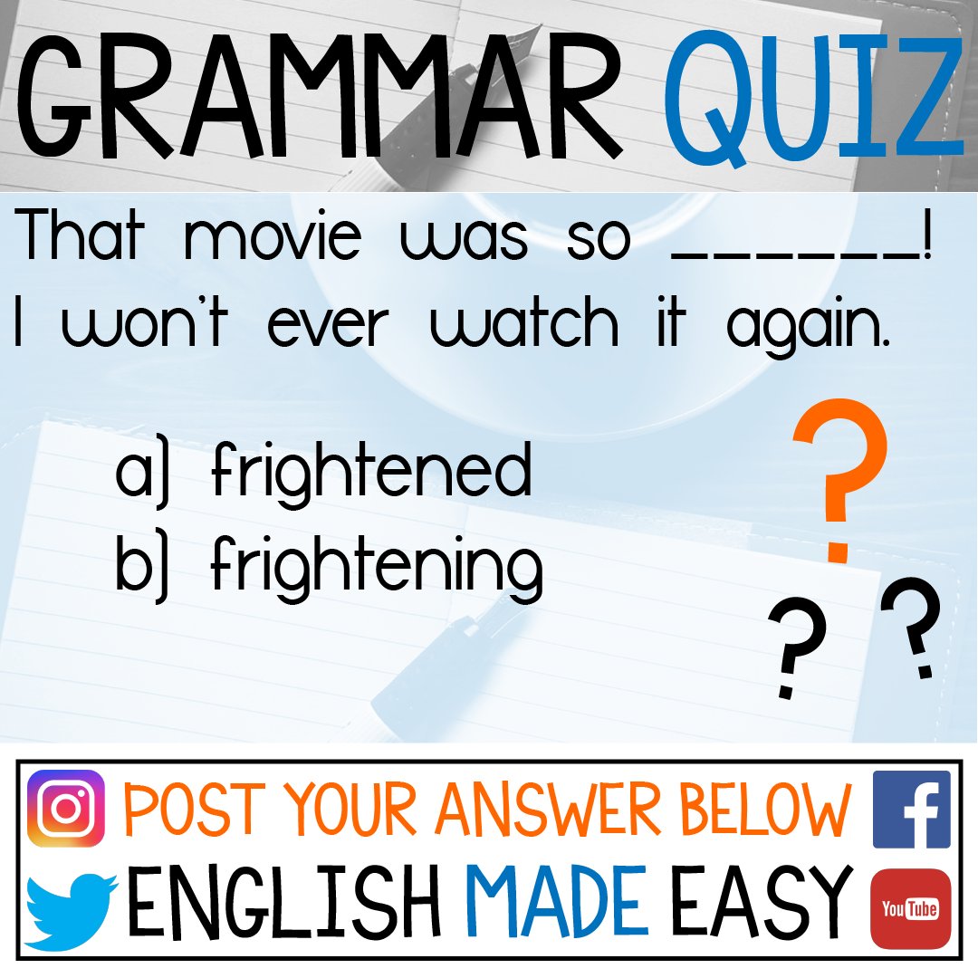 EngMadeEasy's tweet photo. #GrammarQuiz

Know the answer? Tweet me!
Not sure? Check out this video to find the answer, and #learn #English

https://t.co/LSmH8U7urs https://t.co/HuiFnidJft