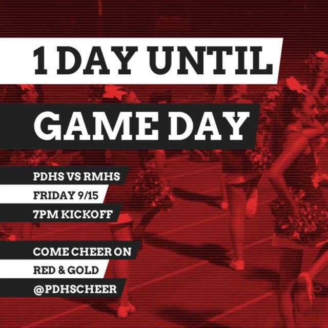 ddodearie's tweet photo. 1 day until game day for Varsity @PdhsFootball vs #rmhs. Come cheer for the #PDHS red &amp; gold at home with the PDHS Cheer Team https://t.co/q6I4QtpaBU