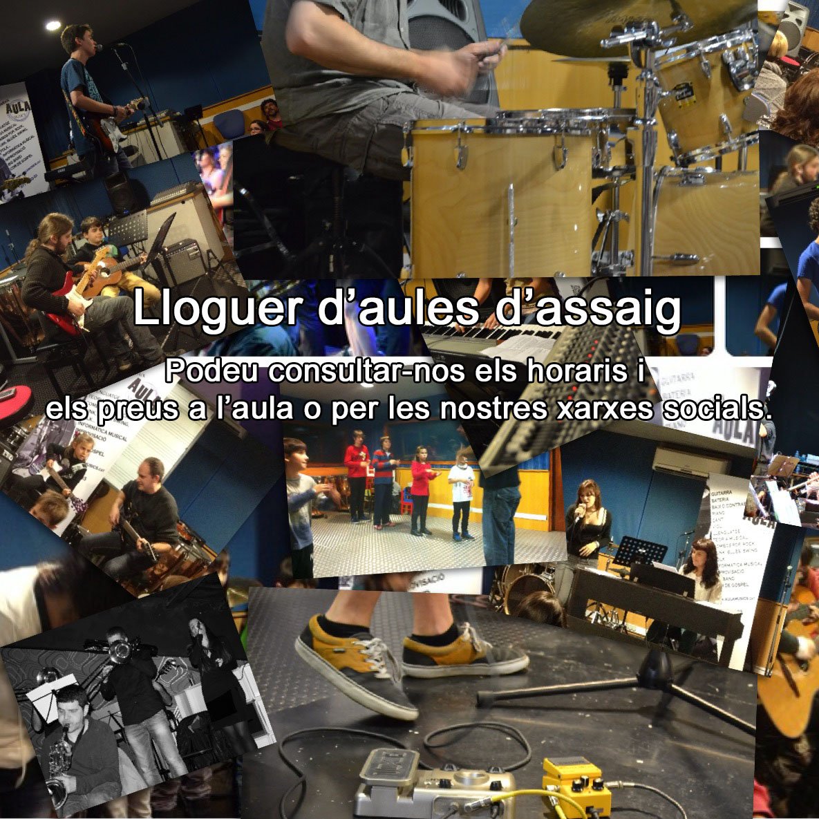 Tens un grup o vols assajar tranquil·lament pel teu compte? Pots venir a l'Aula i llogar una aula d'assaig.
Consulta'ns els horaris i preus!