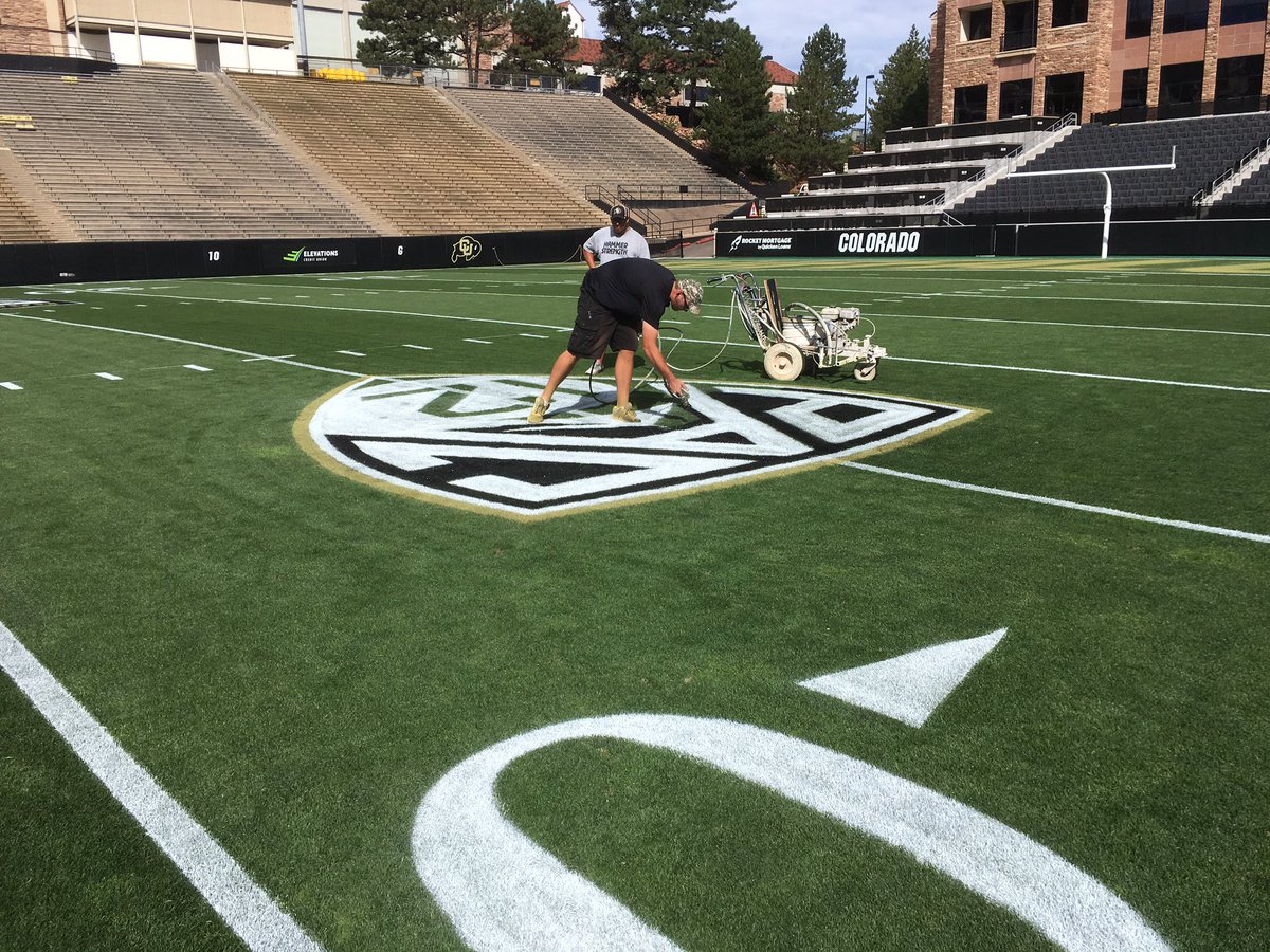 CUBuffsTurf's tweet photo. The crew gettin after it for the 2nd of 3 consecutive home games. @RunRalphieRun hosts @UNCBearsFB Saturday. #GOBUFFS #ThatsBuff @wc_paints https://t.co/wGGrjxF1yB