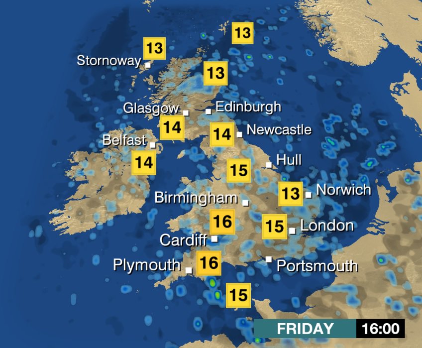 bbcweather's tweet photo. Here's how your Friday afternoon is looking. Nick https://t.co/InmLRReNgL