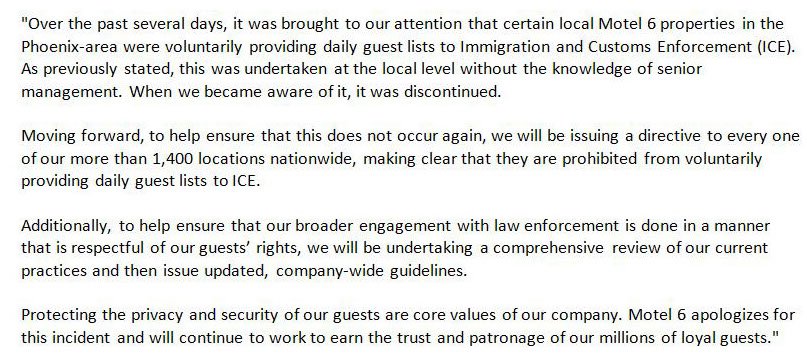 motel6's tweet image. Statement by Motel 6