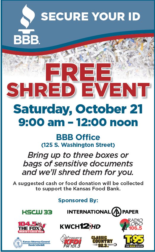 bbbmidwestplain's tweet photo. SAVE THE DATE: #BBB's #ShredEvents are 10/14 in #Omaha (85th & Dodge) and 10/21 in @CityofWichita. See location details below! #ShredFest https://t.co/7eljCkCnKt