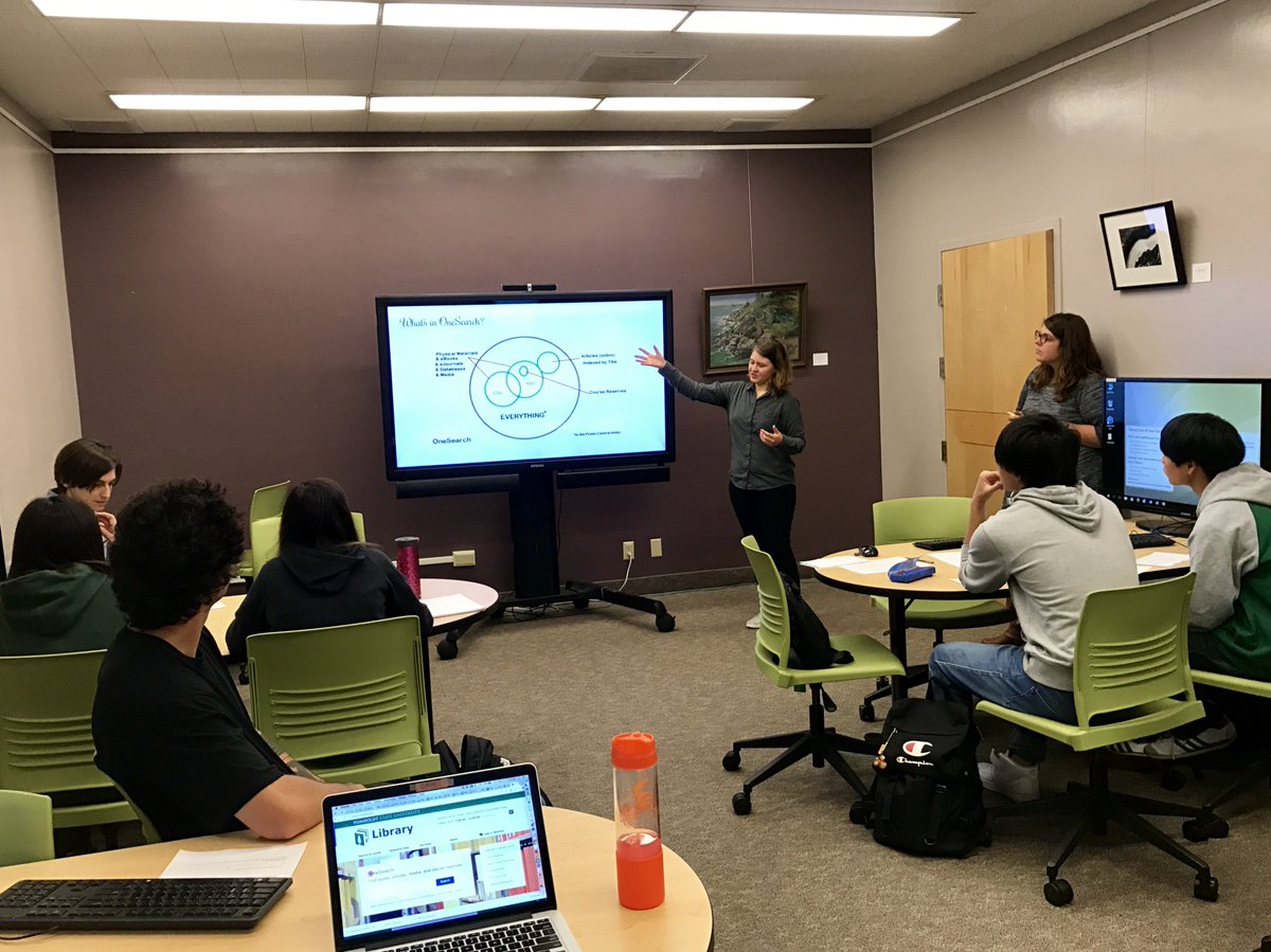 calpolyhumlib's tweet image. Librarians Kimberly &amp;amp; Bri teaching a #skillshop on #onesearch the way to find information at @HSULibrary @humboldtstate #designyourlearning