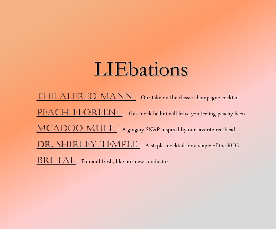 RU_Chorus's tweet image. Getting excited for Monday night! Here's our list of signature mocktails, inspired by Chorus VIP's! Which will you try first? #RUthirsty