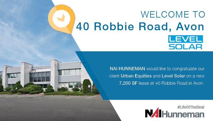 Hunnemanre's tweet image. Congratulations to our client Urban Equities on signing @LevelSolar to a new 7,200 SF lease at 40 Robbie Road in #Avon. #LifeoftheDeal