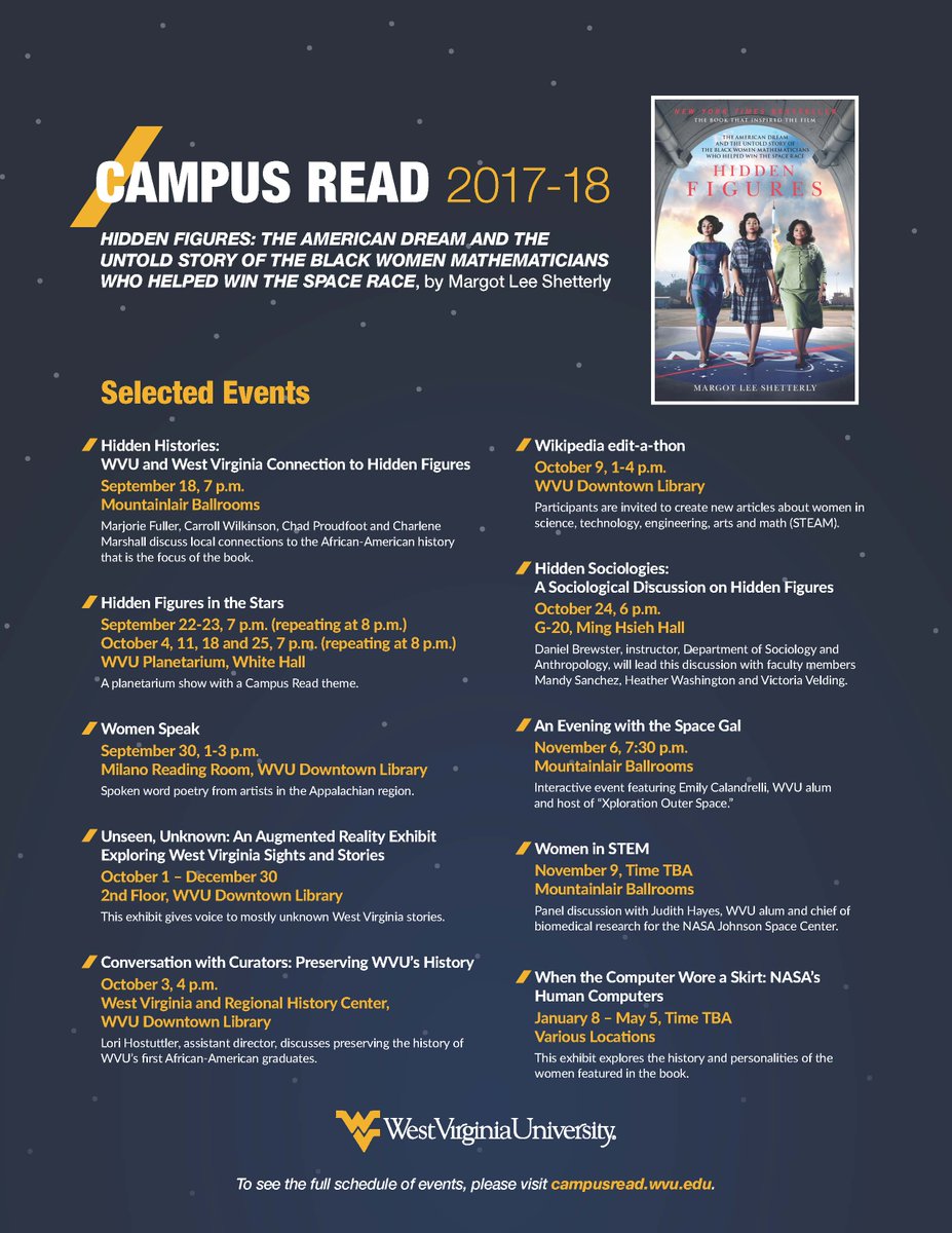 wvuocpe's tweet image. Campus and Community invited to events celebrating “Hidden Figures” 🚀🌕👩🏾‍🚀