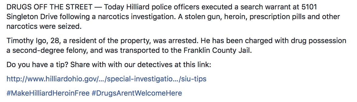 Hilliard_Police's tweet photo. HPD SEIZES GUN, DRUGS AT RESIDENCE ON SINGLETON DRIVE: Timothy Igo, 28, has been charged with felony drug possession #KeepHilliardClean https://t.co/KIpHcyS5Ta