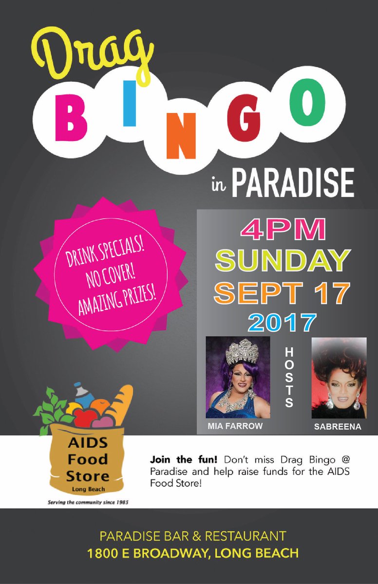 AFSLB1's tweet photo. Don't let Sunday be a drag, come play bingo with Drag Queens. Support @AFSLB1 @Mia_farrow @GEDmagazine @GetOutLB @Christchapellb https://t.co/ms6XxbH397