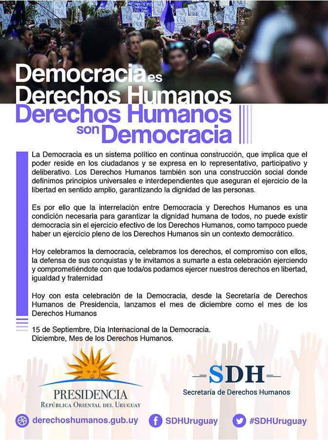 SDHuruguay's tweet photo. Viernes 15, Dia de la Democracia, nos vemos en la calle, 11hrs. 18 y Convención, están invitados. Democracias es DDHH, y DDHH son Democracia https://t.co/zWoNchu909