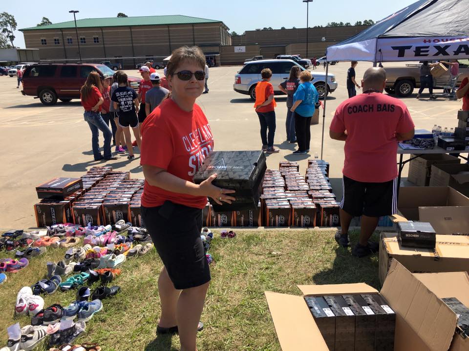 Our ❤s are with those impacted by Harvey. Happy to provide essential goods of socks &amp; shoes! #Texas #HoustonStrong