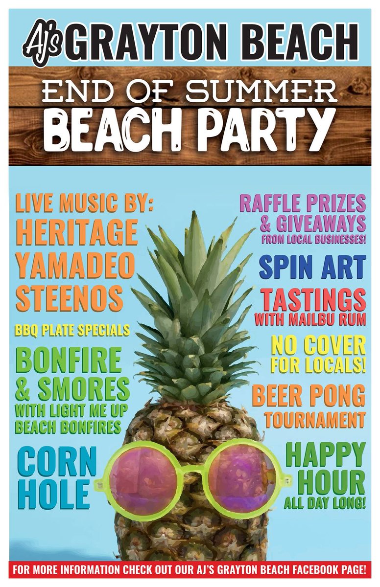 AJsGraytonBeach's tweet photo. Join us SATURDAY for the best End of The Summer Party! Live music, happy-hour drinks, bonfires &amp; fun games. What more could you ask for? https://t.co/OWxouBz89f