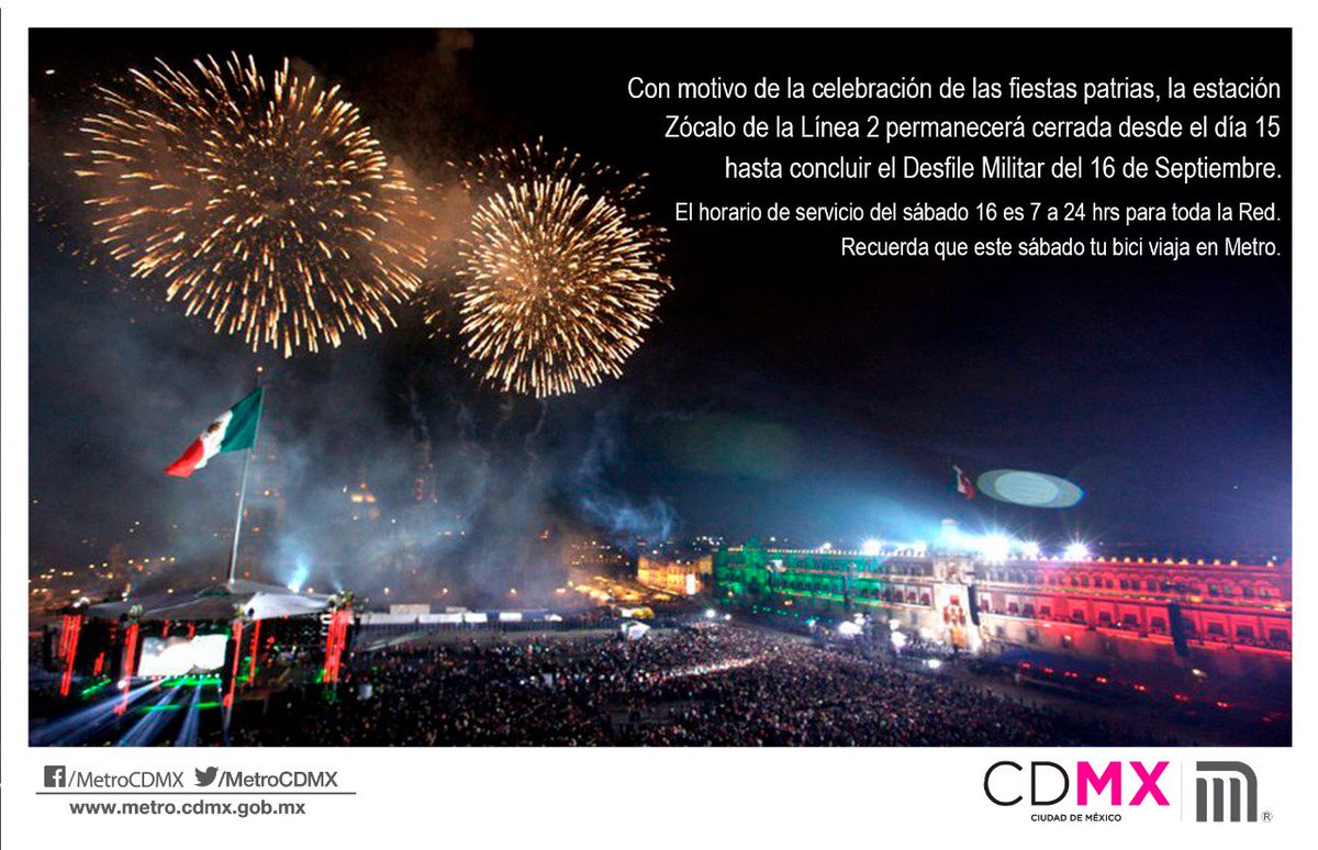 #AvisoMetro Con motivo de Fiestas Patrias, #Zócalo #L2 permanecerá cerrada del 15 y hasta conclusión de Desfile Militar, el 16 de sept.