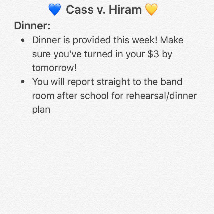 CassHighMB's tweet photo. Don't forget anything on this list! Bring your A-Game tomorrow to cheer on our boys! 💙💛🏈 https://t.co/yXJSoqCQJ6