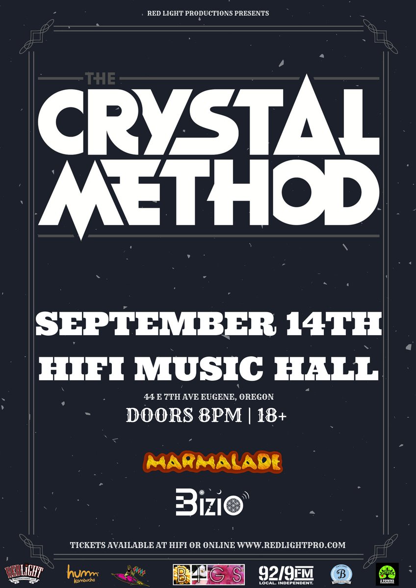 1988Ent's tweet photo. TONIGHT! #thecrystalmethod #eugeneoregon #rave #edm #hifimusichall #redlightproductions https://t.co/5R1oxnNEhZ
