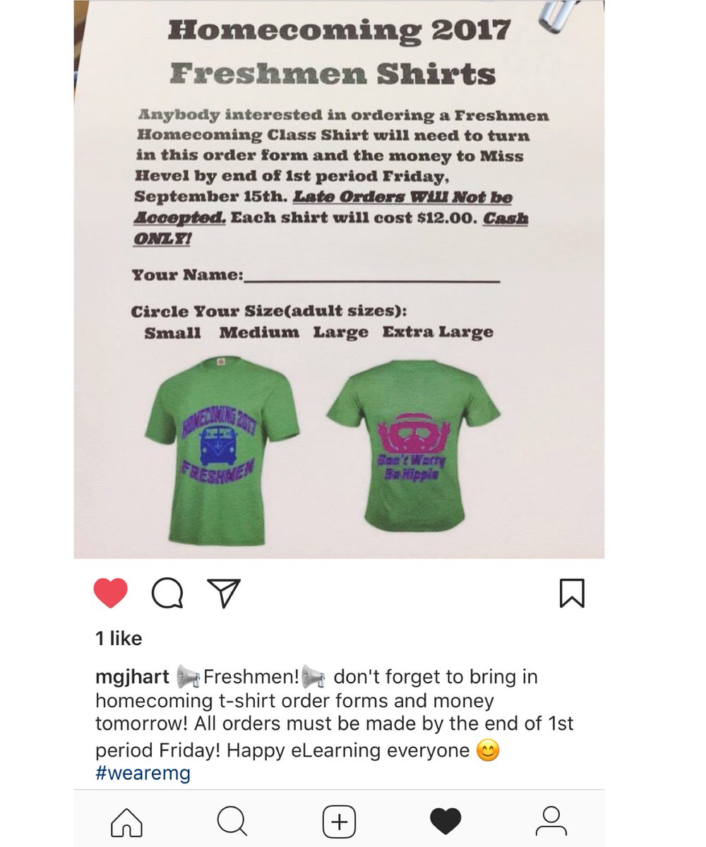 Tomorrow, 9-15-17, by end of first period, is the deadline to order Freshman Homecoming shirt! #WeAreMG <a href="/MGUSC_JSHS/">Madison-Grant JH/SH</a> @MGJSHS_AP