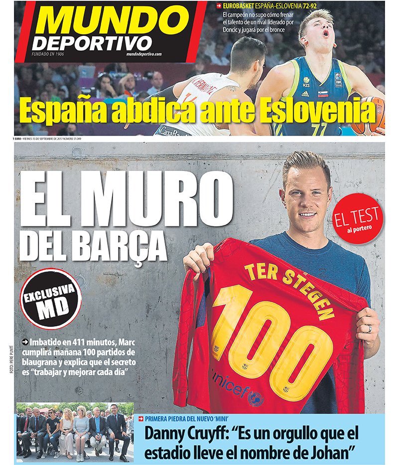 الموندو ديبورتيفو : حائط برشلونه ..
الألماني تير شتيغن سيلعب مباراته رقم ١٠٠ بقميص البارسا