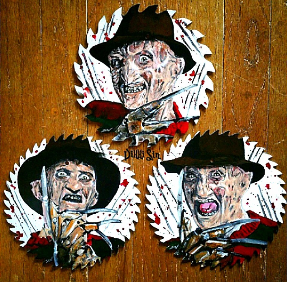 These are cool, #Freddy painted on saw blades. I want these 😎